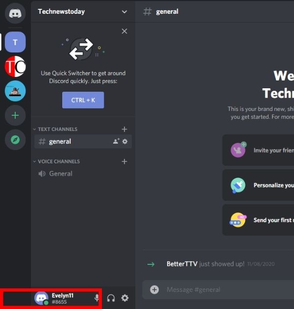 Na radnoj površini, vaše Discord korisničko ime s brojem bit će prikazano na dnu zaslona. 